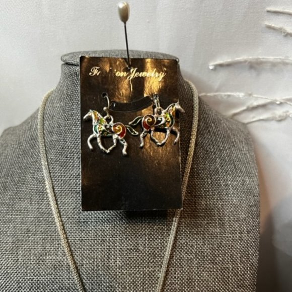 Whimsical Horse Pendant on a Silver Chain with Matching Earrings. - Picture 3 of 4